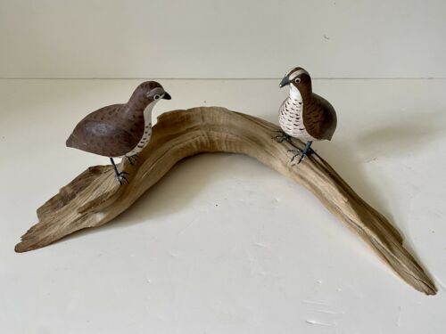 Carved Painted Bob White Quail On A Branch