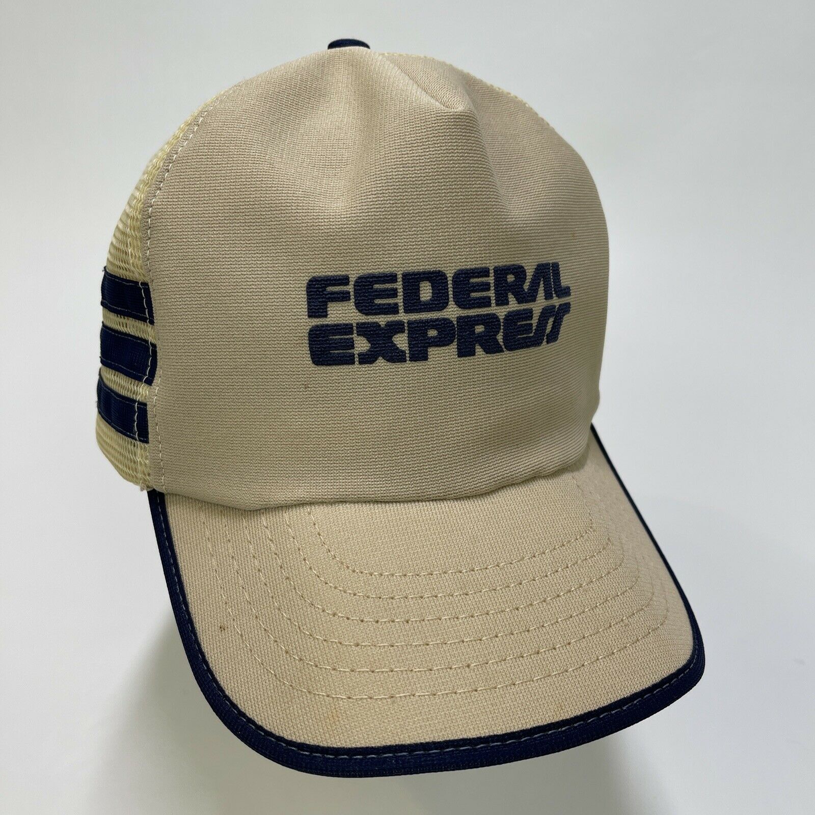 Vtg Federal Express Fedex 3 Stripe Trucker Hat Mesh Snapback Tan Blue Usa
