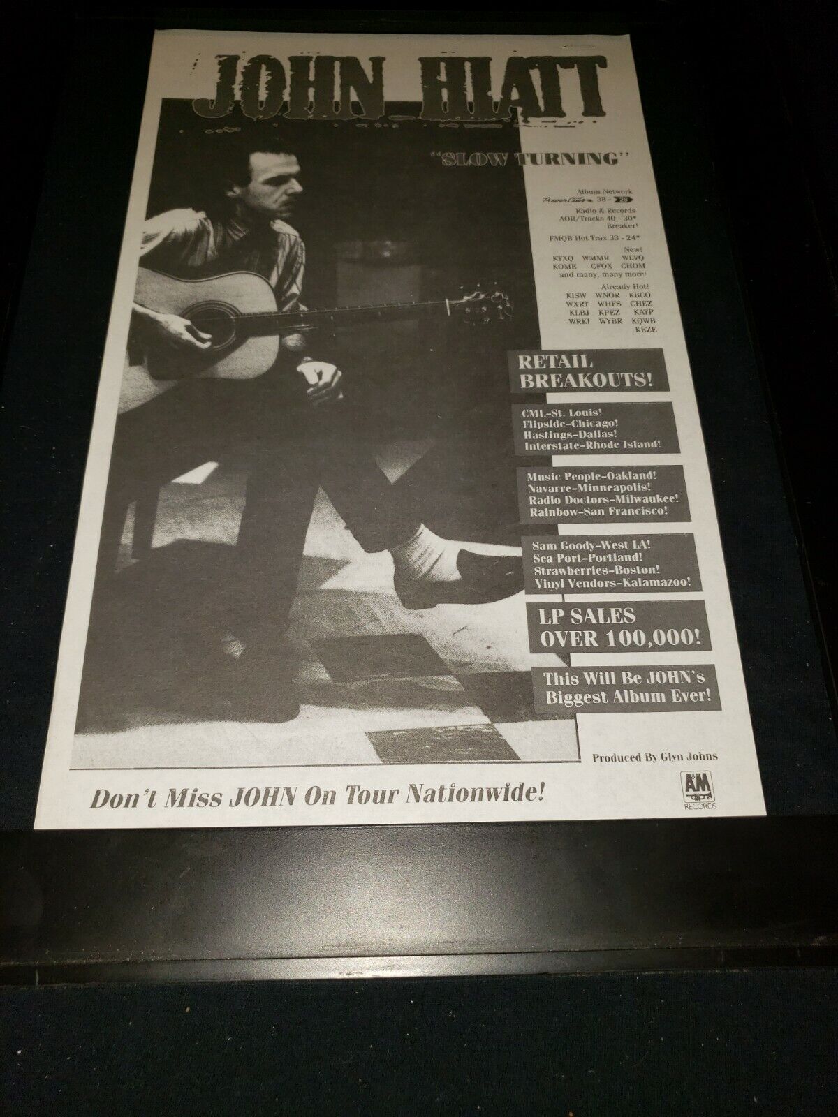 John Hiatt Slow Turning Rare Original Radio Promo Poster Ad Framed!