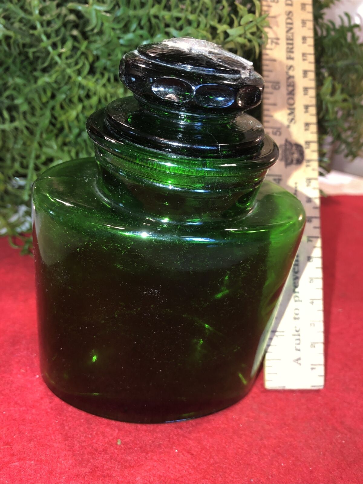 Vtg Emerald Green Glass Apothocary? Jar Bottle W/ Ground Lid...oval Shape Nice