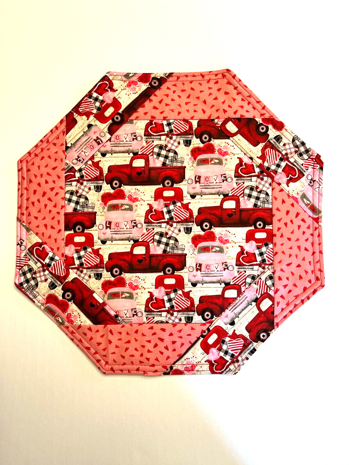 Handmade Quilted Small Table Topper Valentine Red and Pink Trucks