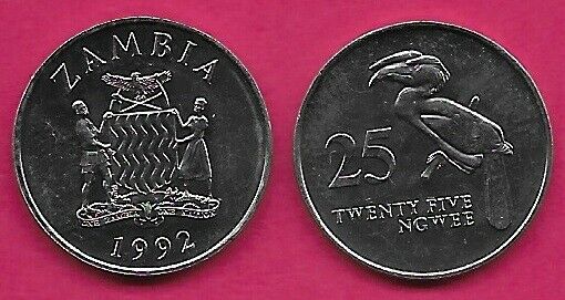 ZAMBIA 25 NGWEE 1992 UNC CROWNED HORN BILL,NATIONAL ARMS WITH SUPPORTERS,DATE BE