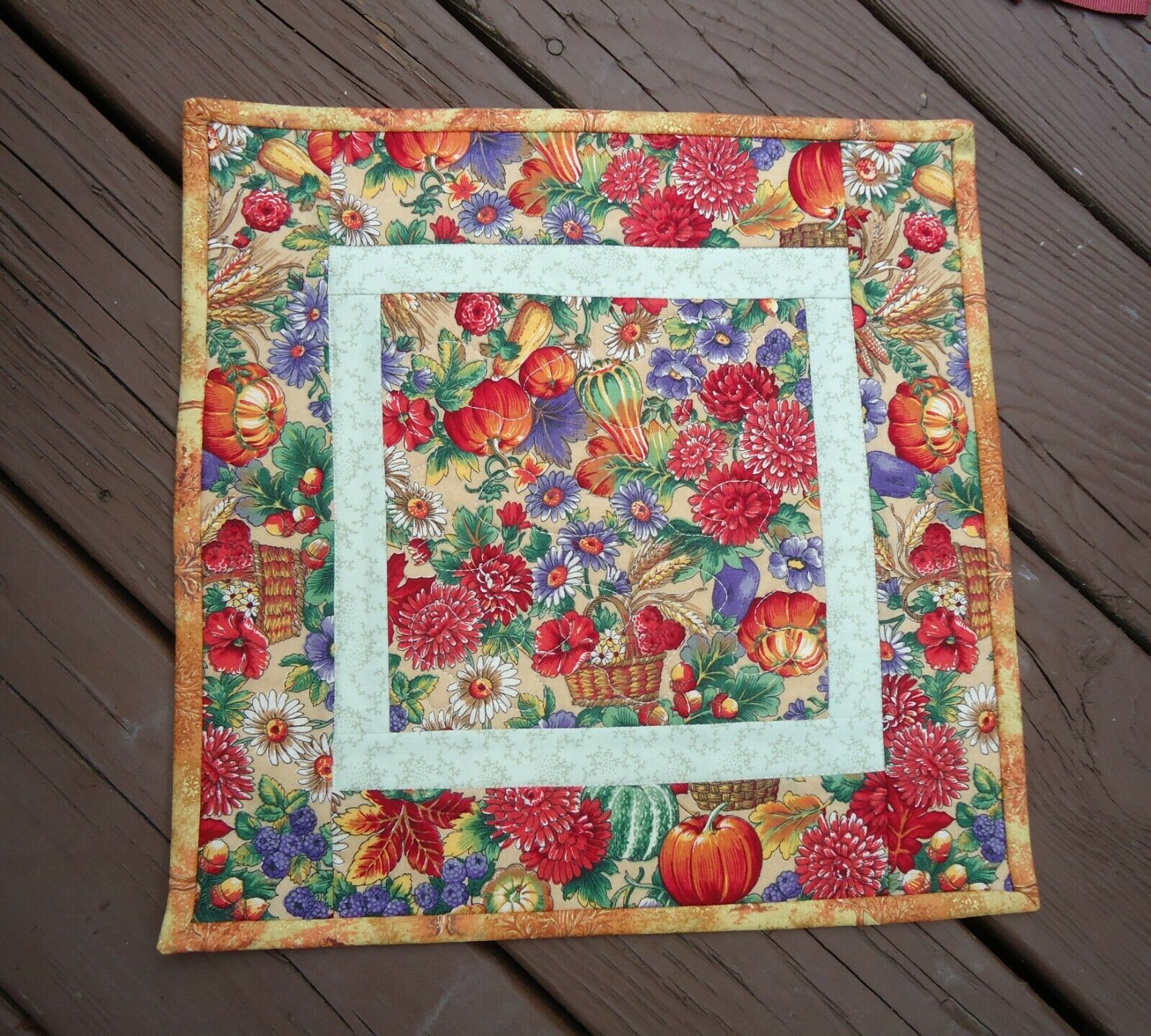 Quilted Fall Colorful Table Topper Reversible, 14 X 14