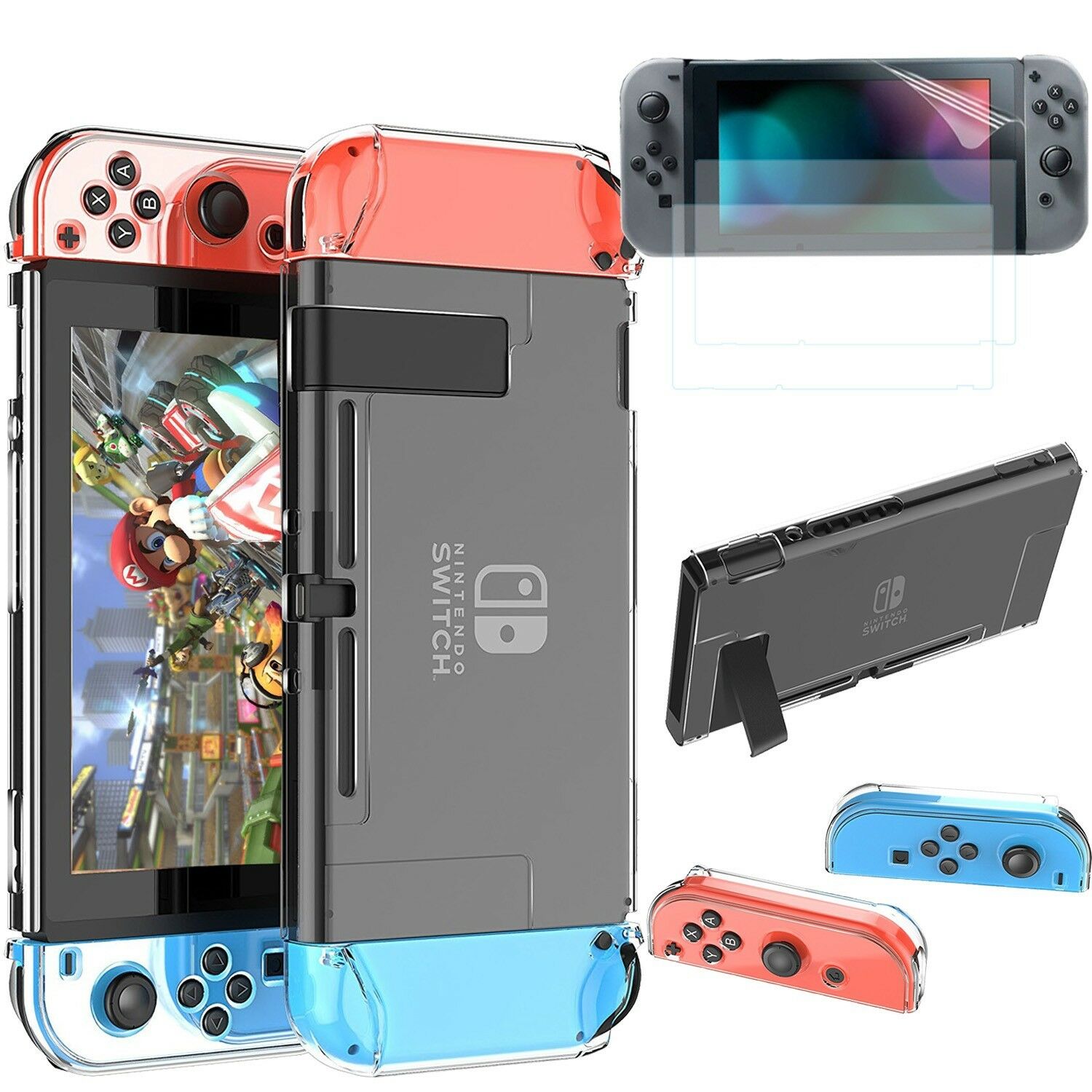Hd Screen Protector Front Film 2x + Hard Clear Case Cover For Nintendo Switch