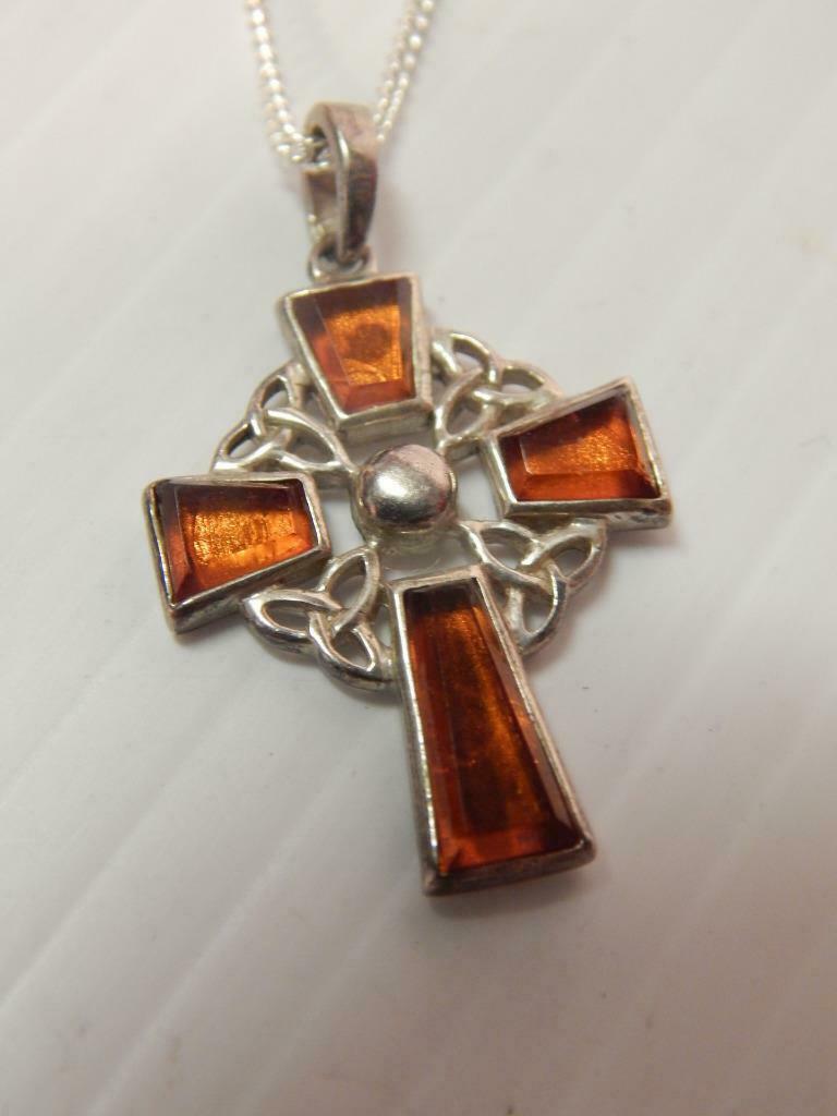 Vintage Ireland Sterling Silver Orange Stone Cross Catholic Christian Necklace