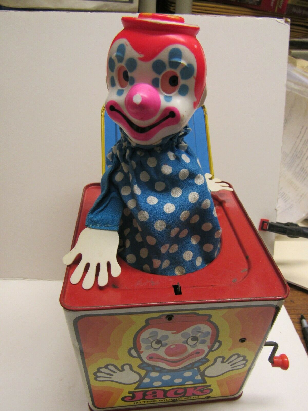 1971 Mattel Tin Litho Jack In The Music Box Clown Works Well In Original Box