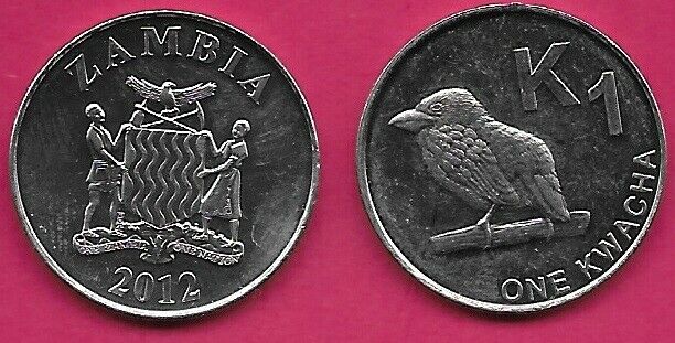 ZAMBIA 1 KWACHA 2012 UNC ZAMBIAN BARBET LEFT,NATIONAL ARMS WITH SUPPORTERS