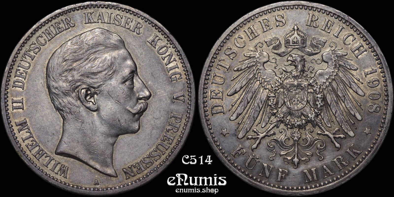 GERMANY PRUSSIA, Wilhelm II, 5 Mark 1908, toned, XF+/aUNC