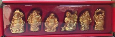 Set Of 6 Golden Feng Shui Laughing Buddha Figures & Statue Luck