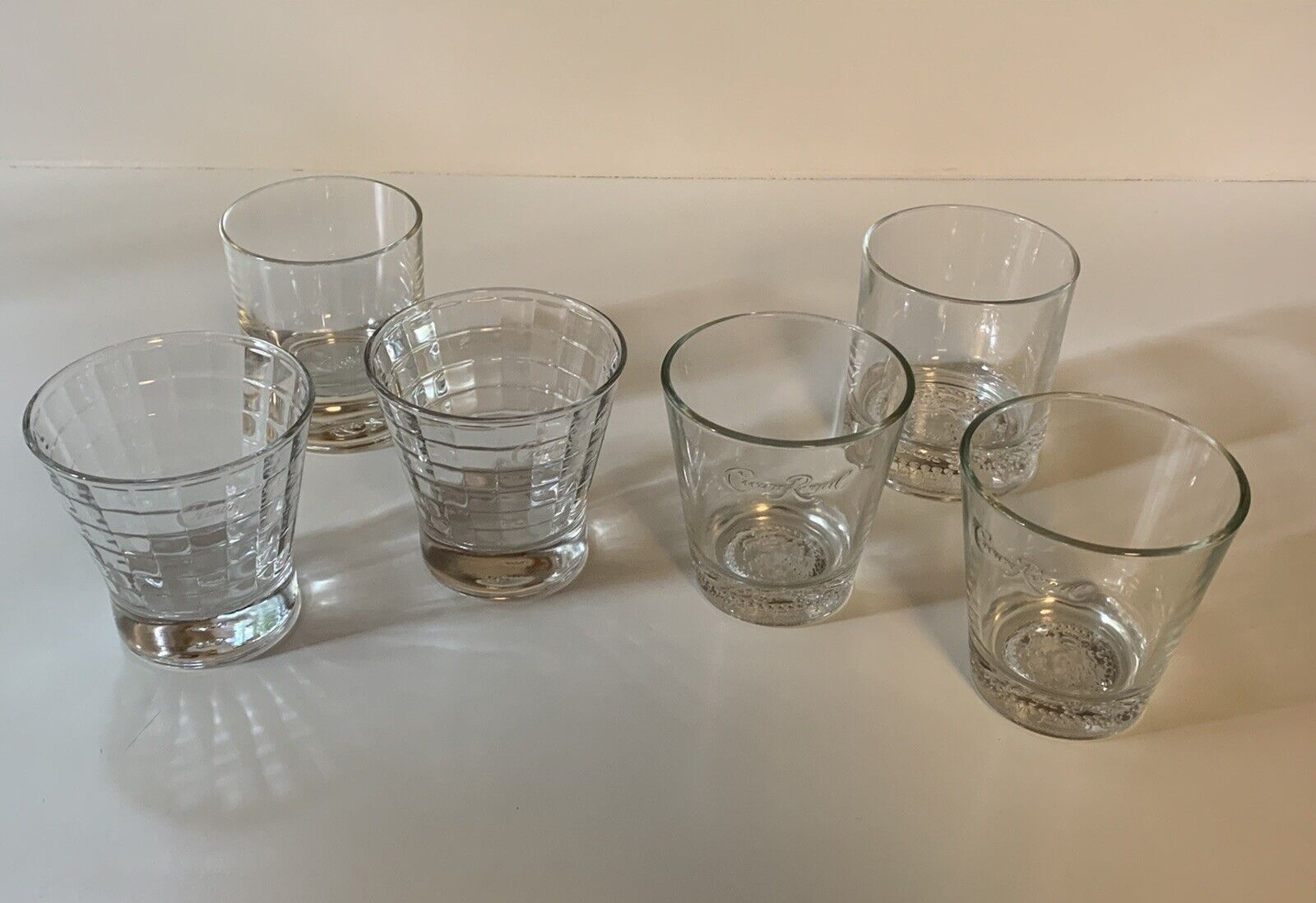 Set  Of 6 Crown Royal Whiskey Low/high Ball Glasses Embossed Logo  Bottoms Euc