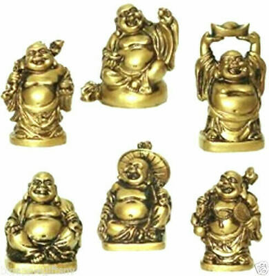 Set Of 6 Bronze Feng Shui Laughing Happy Buddha Figures & Statue Luck 2"