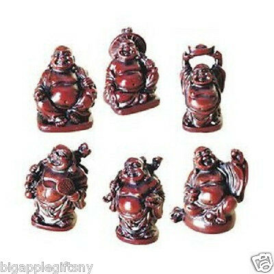 Set Of 6 Red Feng Shui Laughing Happy Buddha Figures & Statue Luck & Wealth 2"