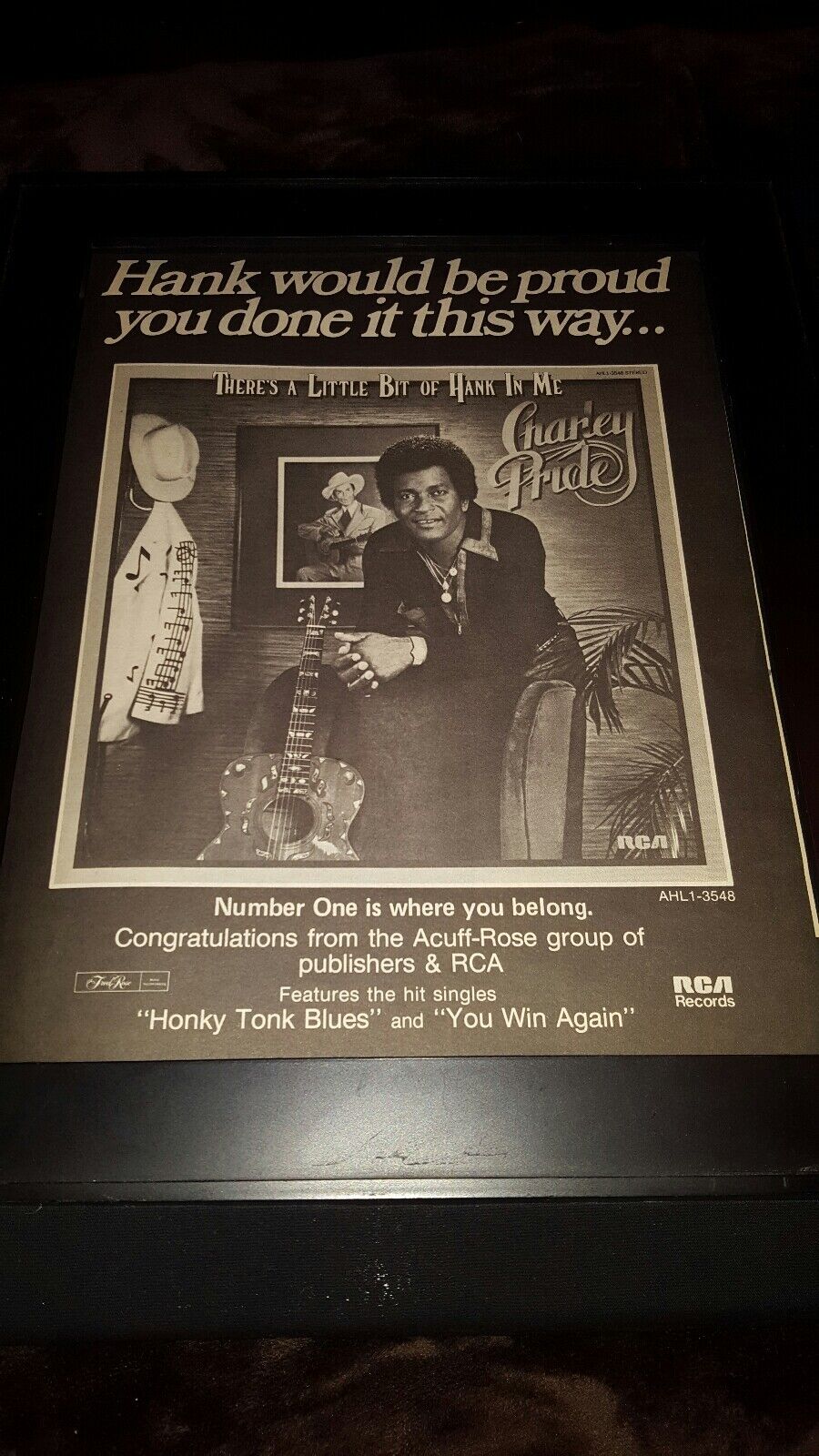Charley Pride There's A Little Bit Of Hank In Me Rare Promo Poster Ad Framed!