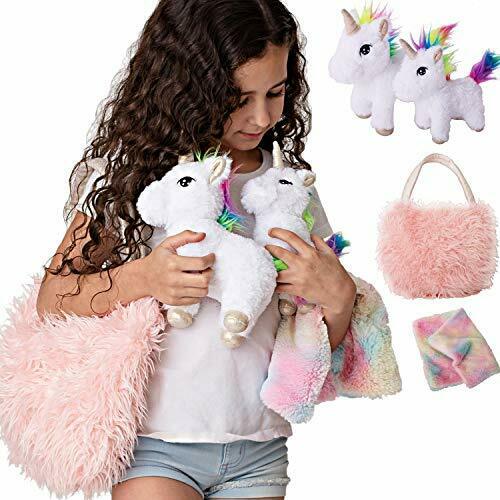 Unicorn Gift For Girls 4 Pcs Set. Baby And Mommy Unicorn Toy Xl Furry Bag And...