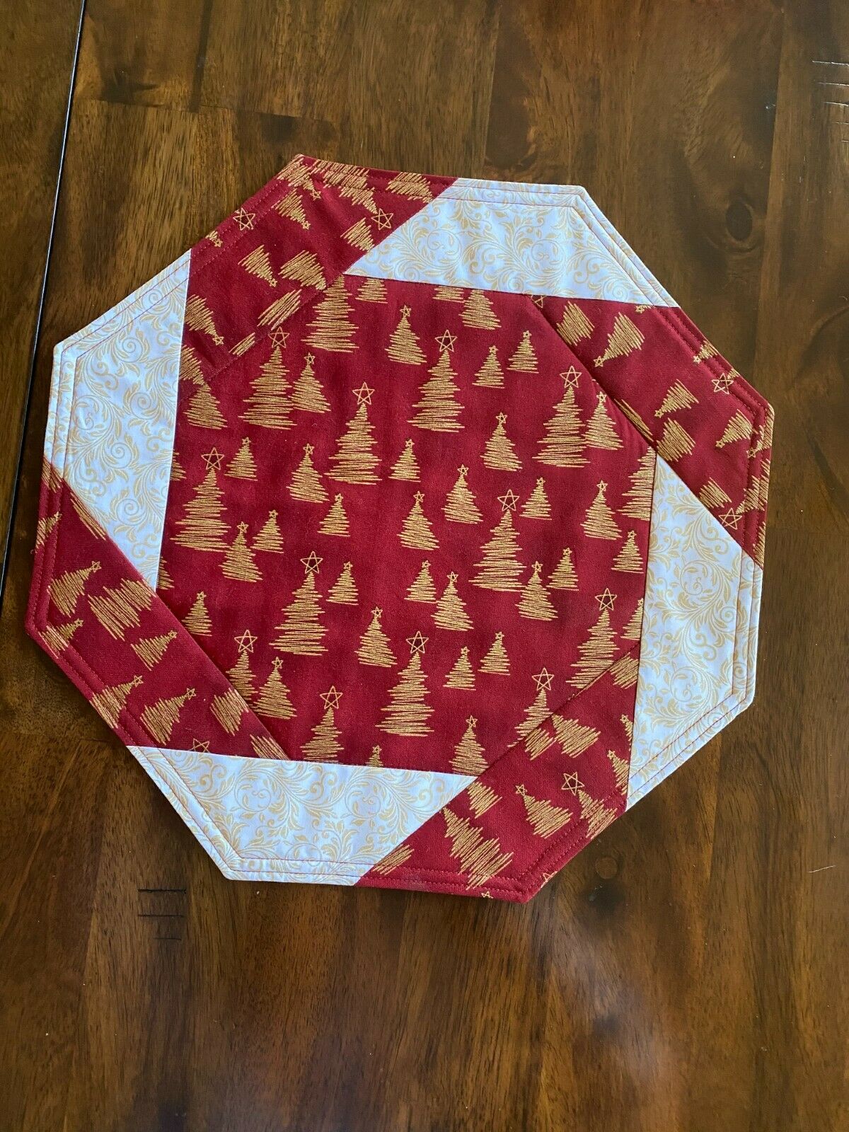 Handmade Quilted Small Table Topper Holiday Deep Red With Gold Metallic Trees