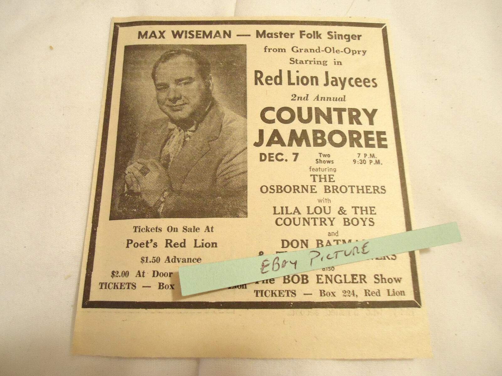 Mac / Max Wiseman The Osborne Brothers 1963 Concert Ad Red Lion Pa