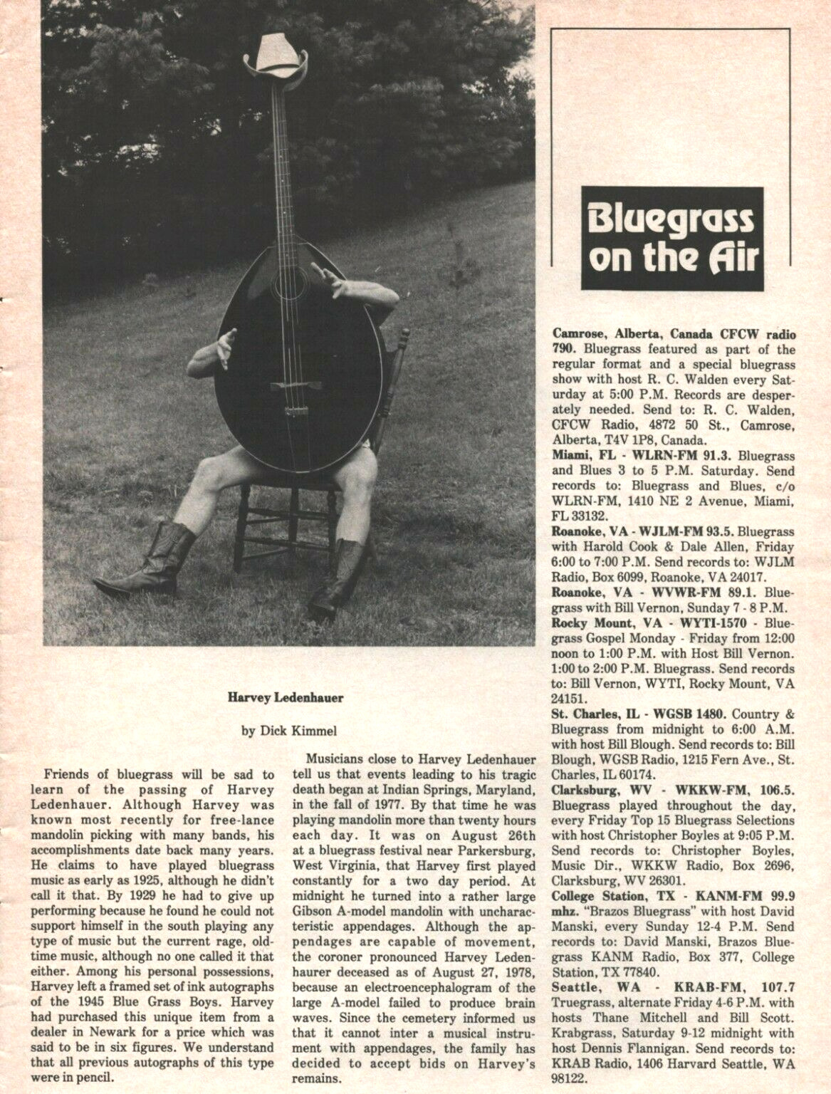 1979 Harvey Ledenhauer Bluegrass Mandolin Musician - 1-page Vintage Article