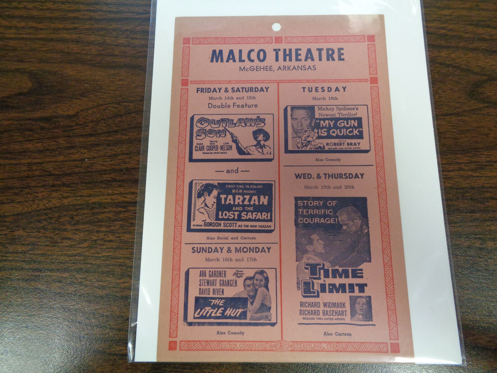 Malco Theatre Vintage Movie Ad Mcghee Arkansas Outlaw's Son/ Tarzan