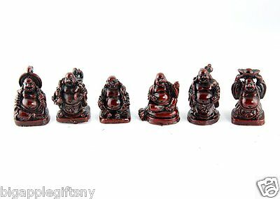 Set Of 6 Mini Red Feng Shui Laughing Happy Buddha Figures & Statue Wealth 2" Tal