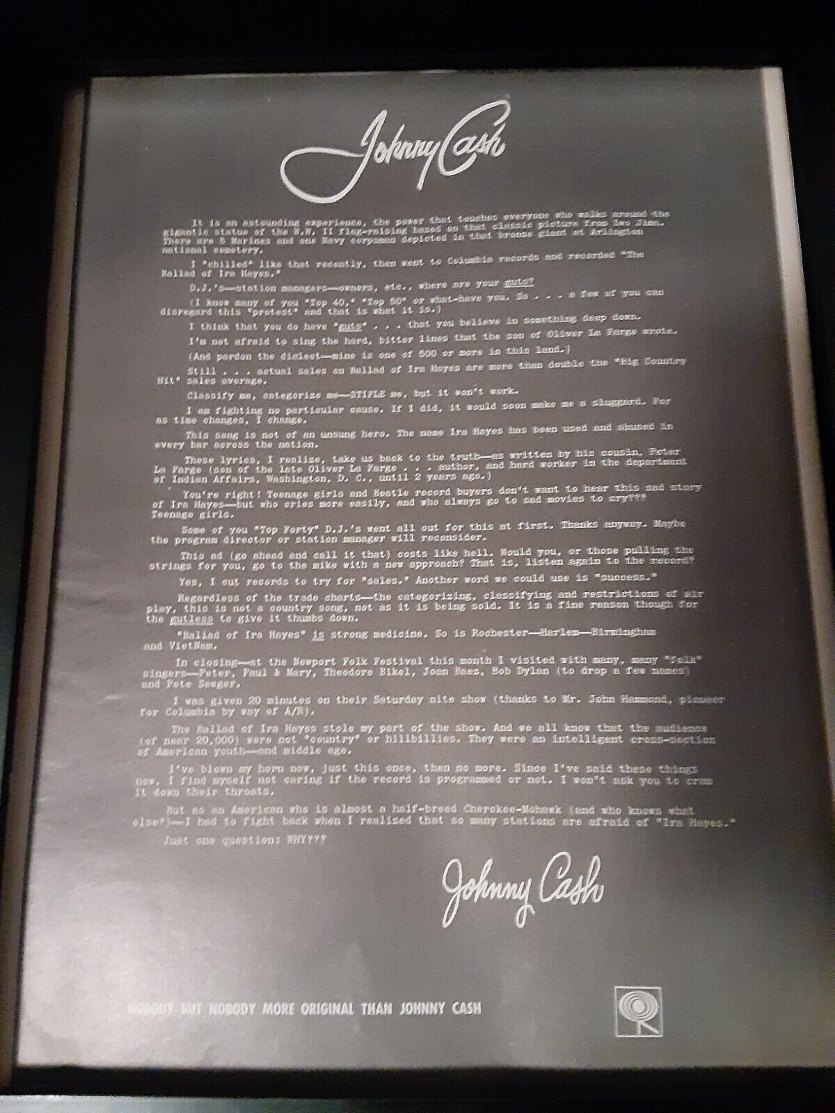 Johnny Cash The Ballad Of Ira Hayes Rare Original Promo Poster Ad Framed!