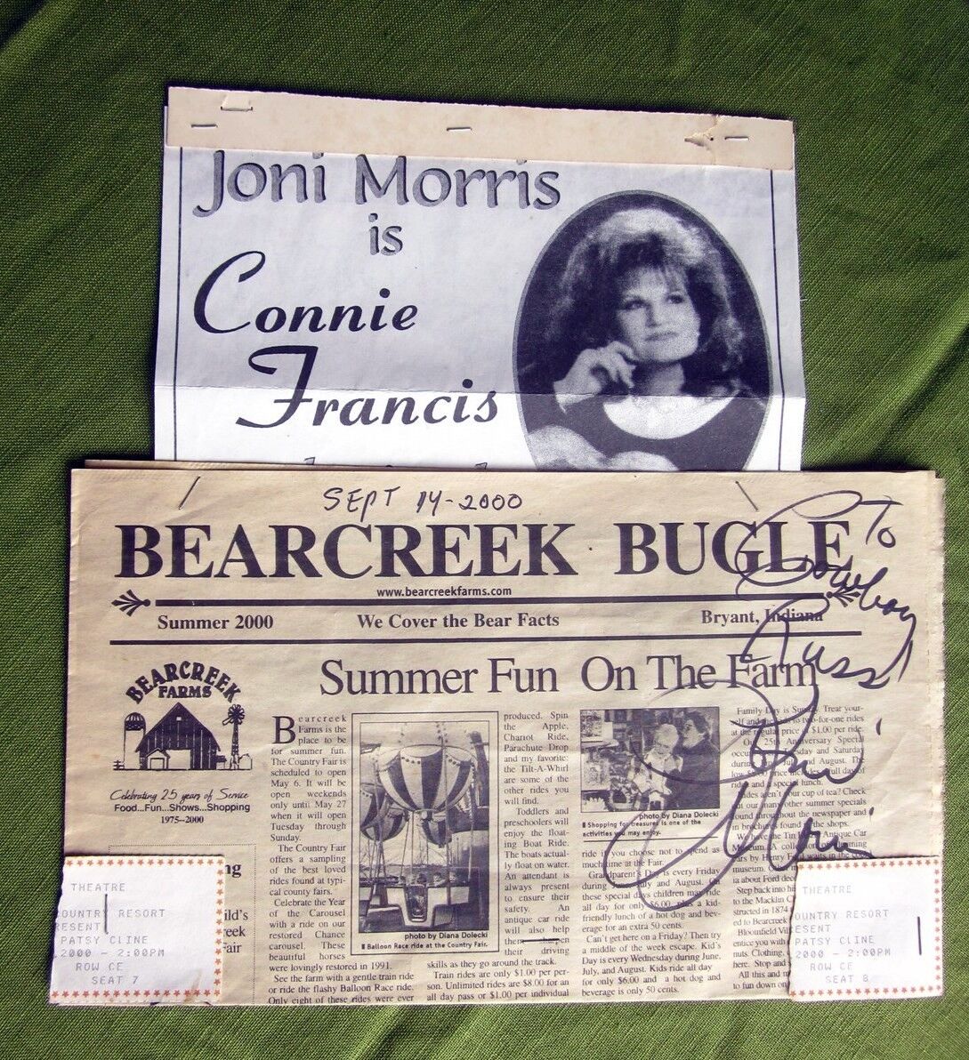JONI MORRIS autograph & ticket stubs Connie Francis impersonator 2000 country