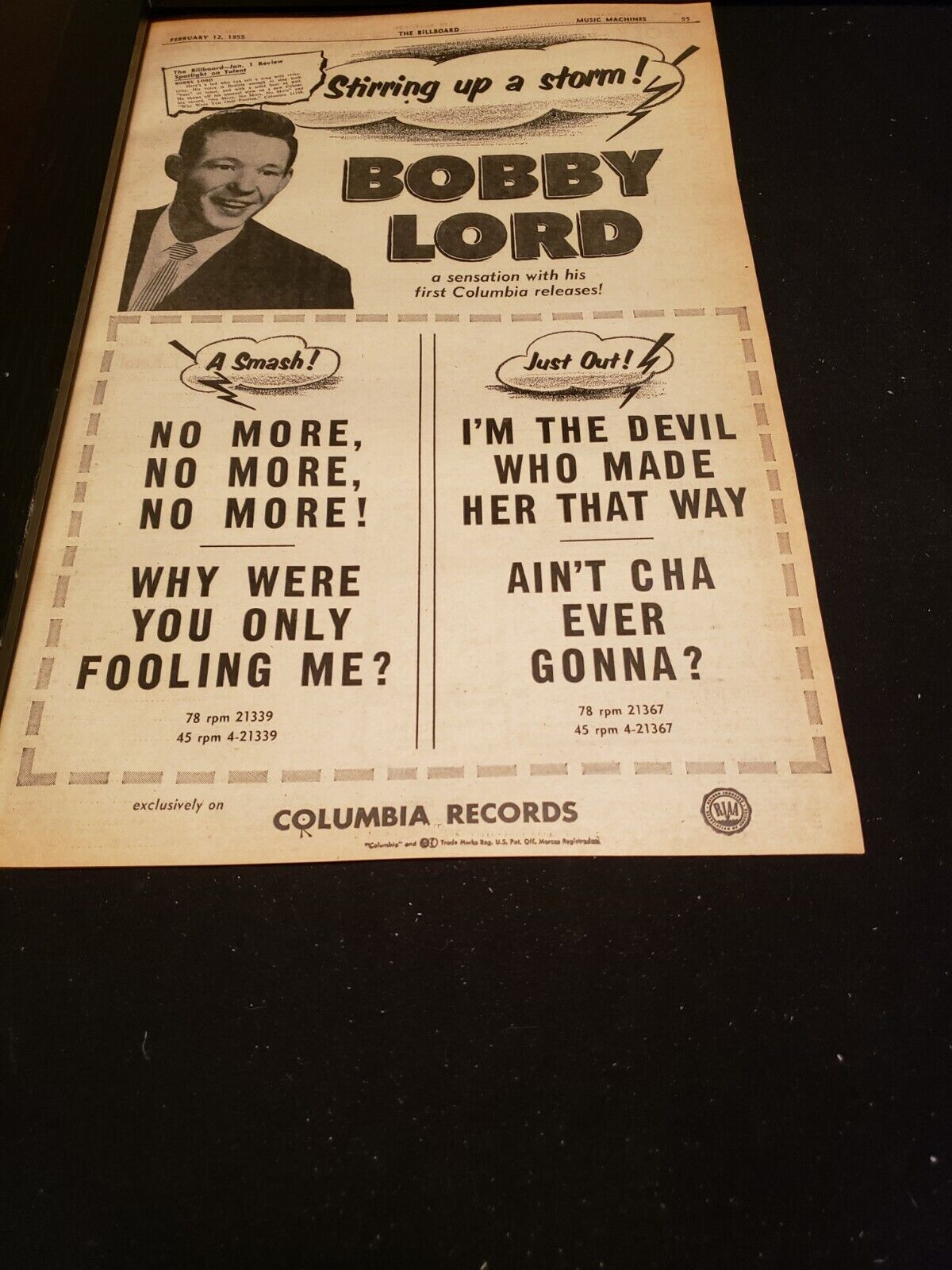 Bobby Lord Rare Original Columbia Records Promo Poster Ad Framed!